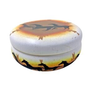 Vintage 1993 wild horses hozoni pottery Lidded trinket dish box - artist signed